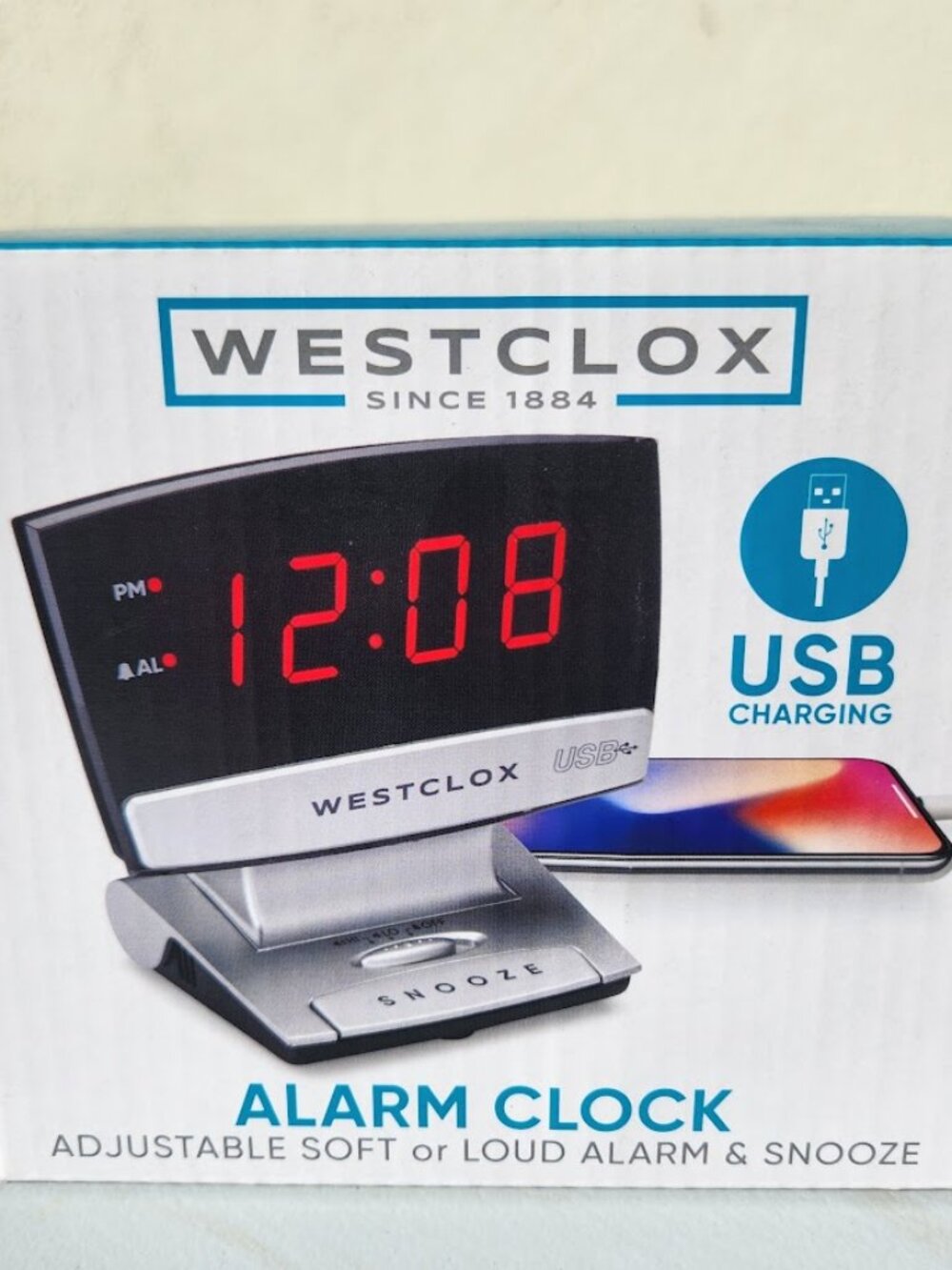Digital Desk Table Alarm Clock with USB Charging Port Black Silver LED Large 0.9
